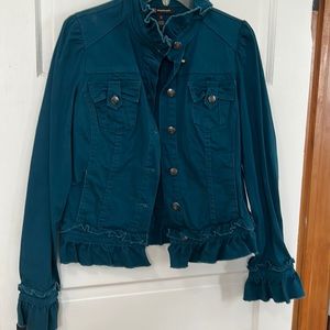 INC blue green ruffle jacket size M